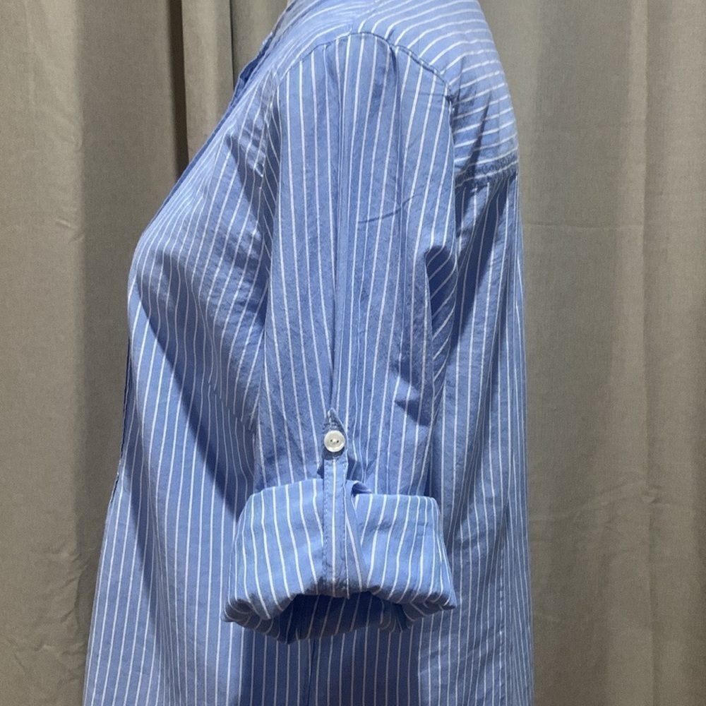 L.L. Bean Blue and White Striped Roll Tab Sleeve Top Size Medium - Picture 5 of 15
